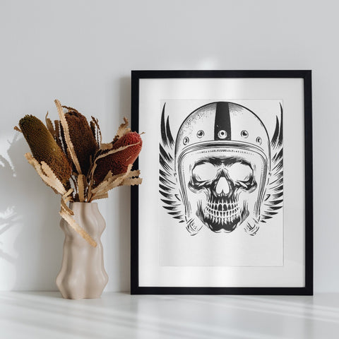 Winged Skull in Helmet Black and White Framed Print
