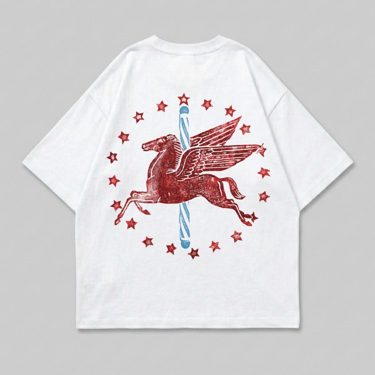 White t-shirt with a red Pegasus graphic surrounded by blue stars.
