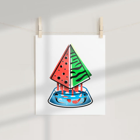 Abstract Watermelon and Sea Life Art Print
