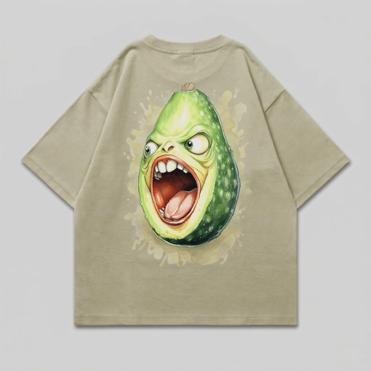 T-shirt with a cartoon avocado with a screaming face printed on the back.