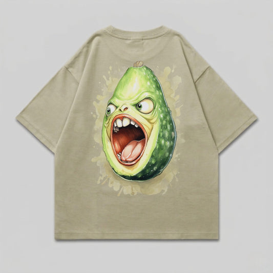 T-shirt with a cartoon avocado with a screaming face printed on the back.