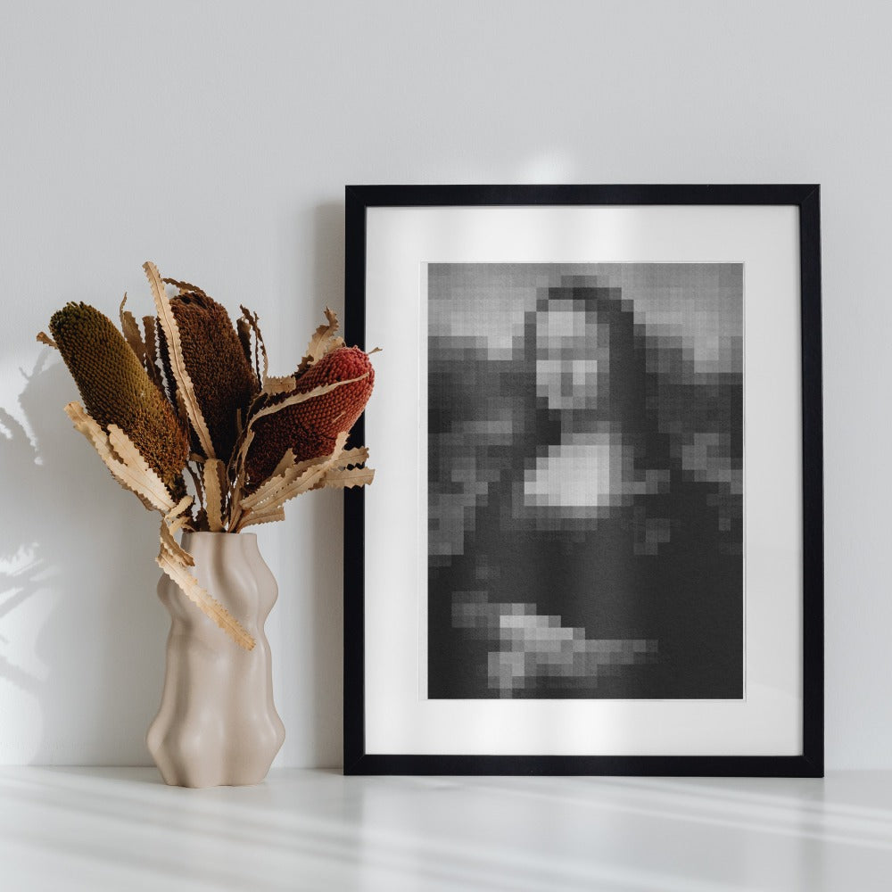 Pixelated Mona Lisa Art in Stylish Black Frame Decor