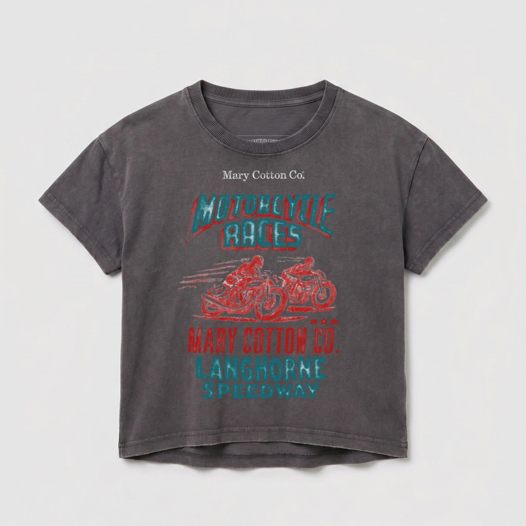 Dark gray t-shirt with "Motorcycle Races" and two vintage motorcycles.