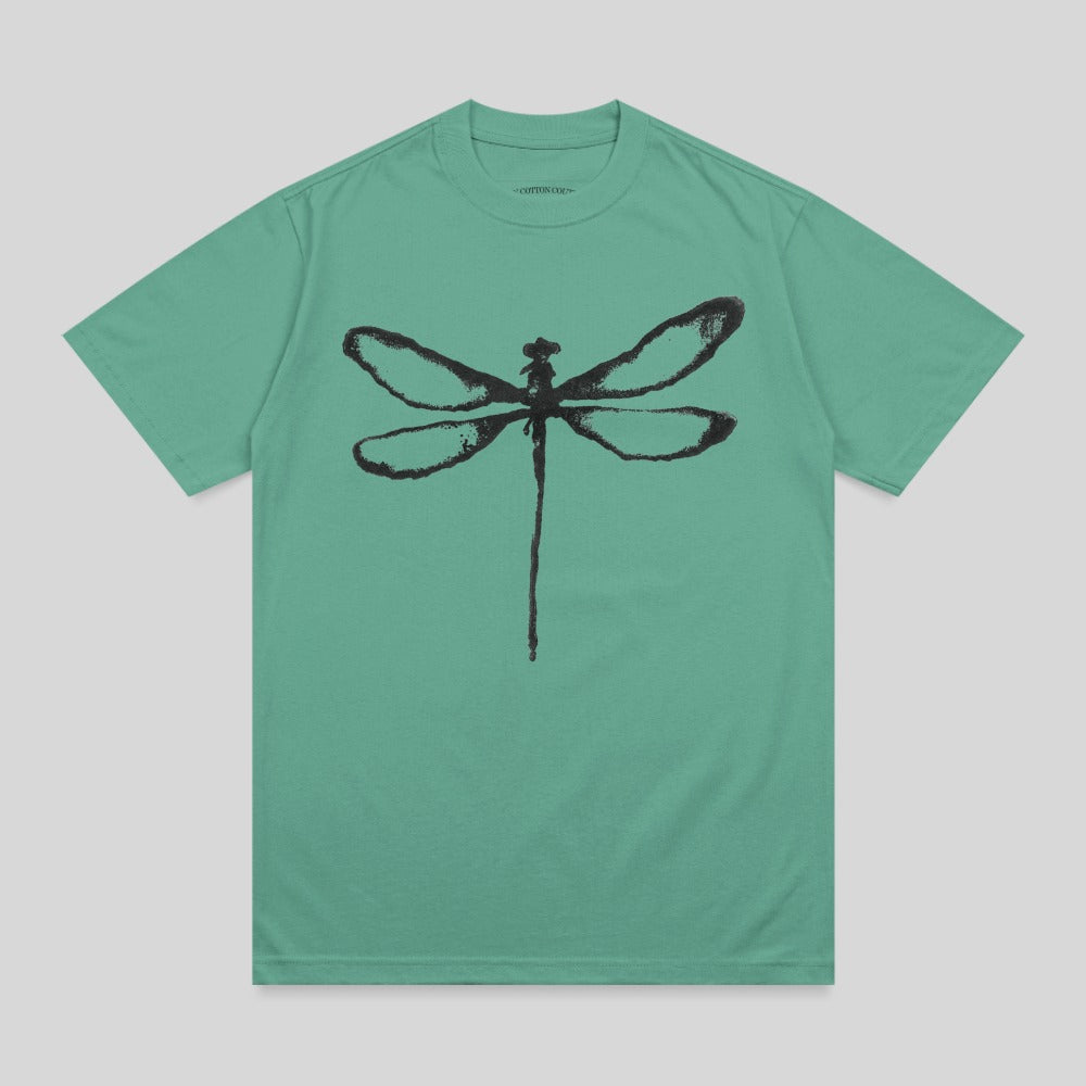 Teal t-shirt with a black dragonfly graphic.