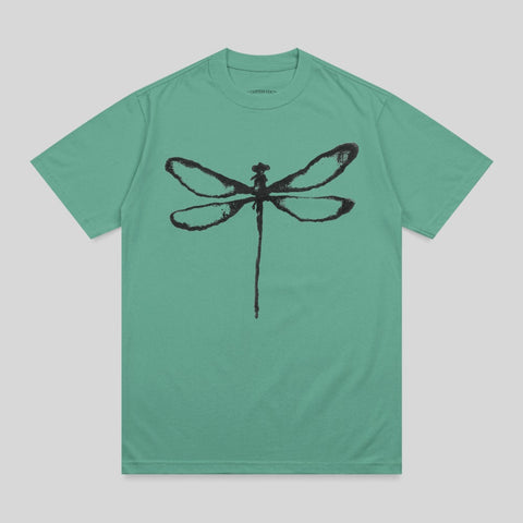 Teal t-shirt with a black dragonfly graphic.