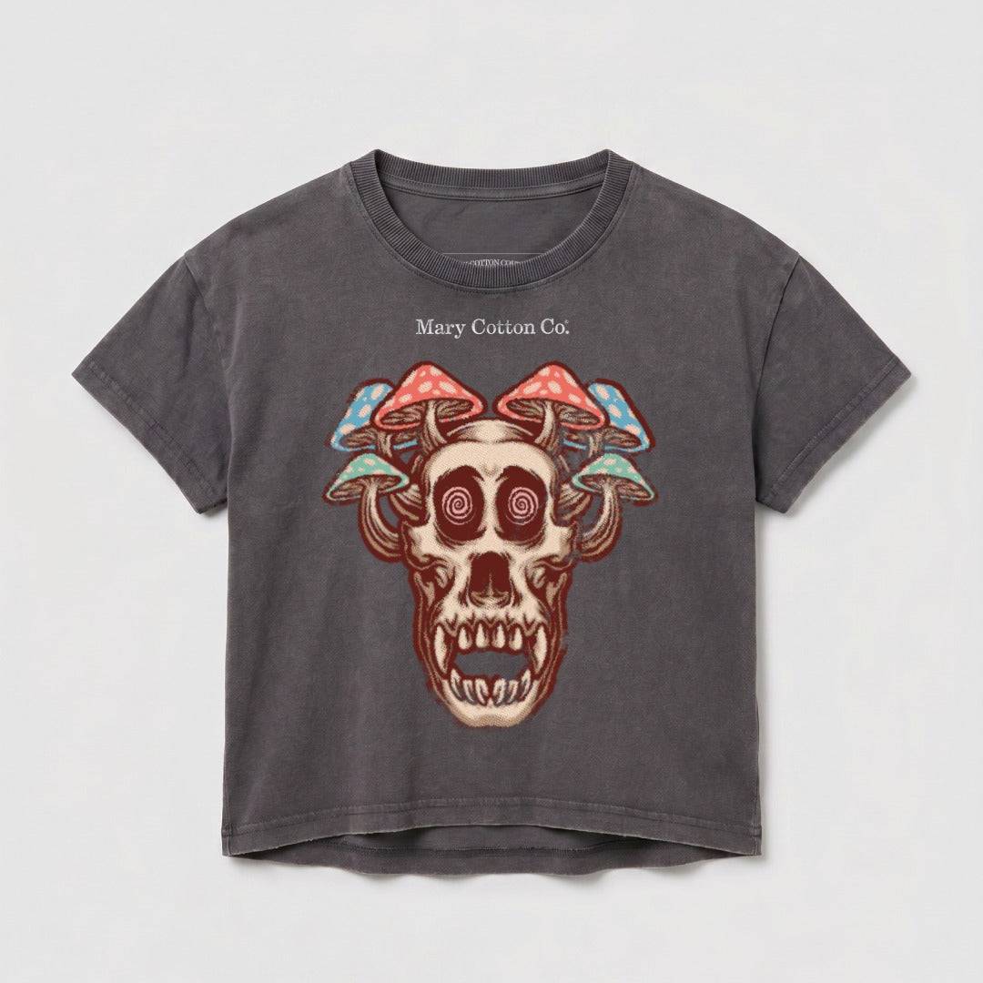 Dark gray t-shirt with a skull and mushroom design.
