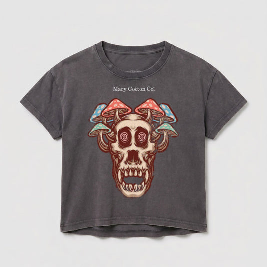 Dark gray t-shirt with a skull and mushroom design.