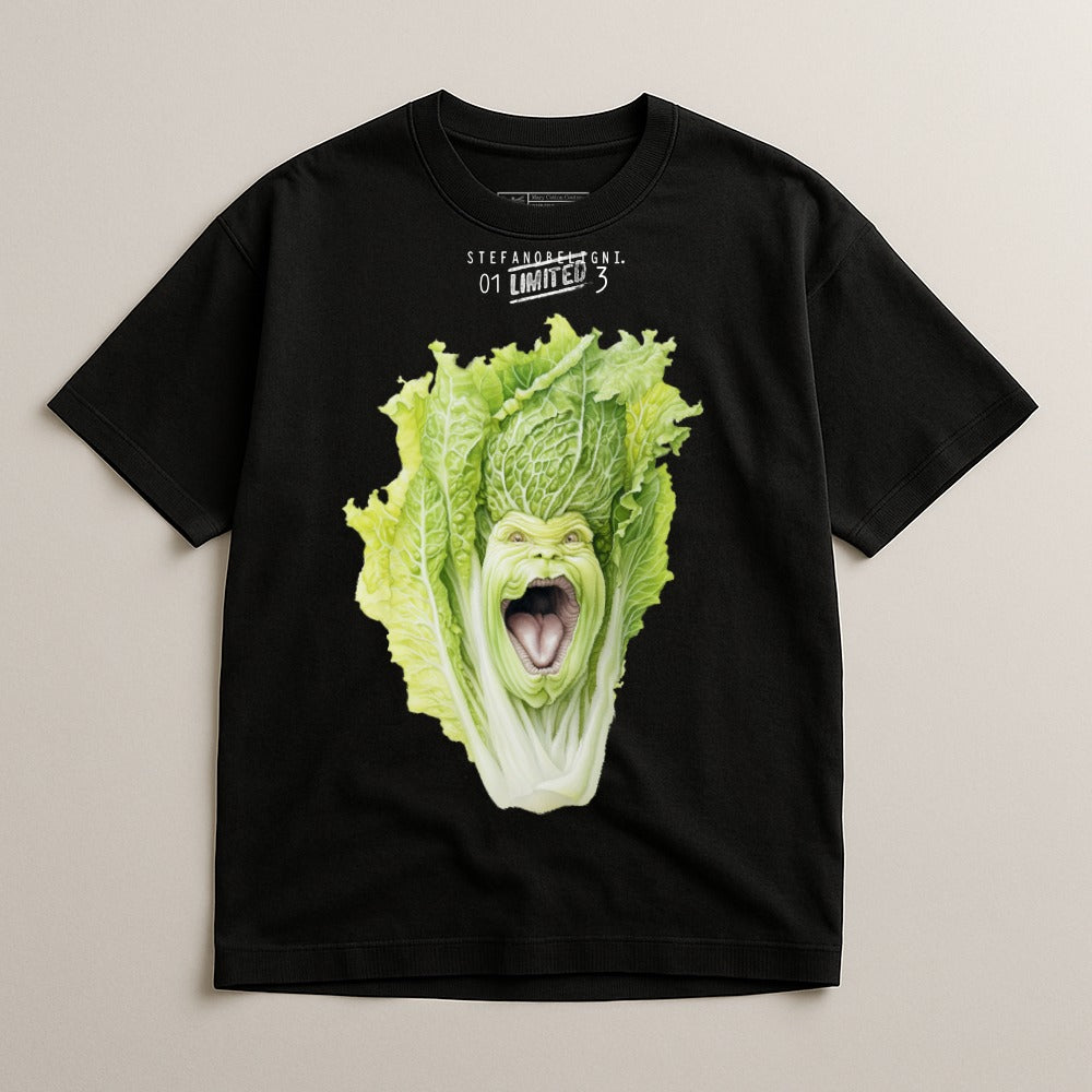 Black t-shirt with a graphic of a screaming head made from a napa cabbage.