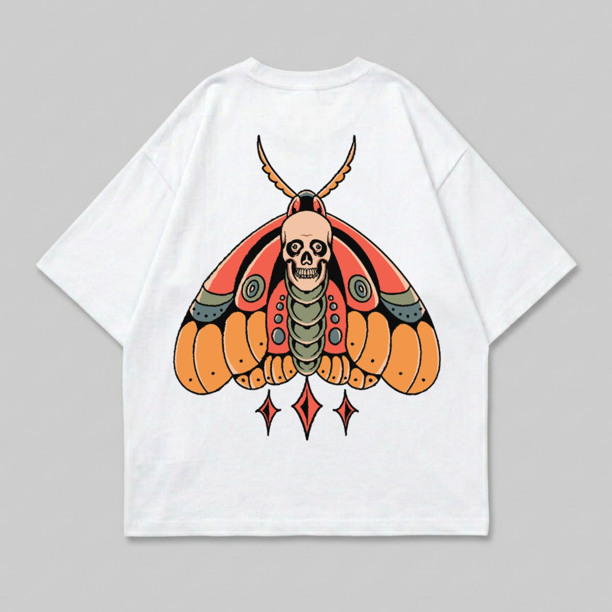 Unique Skull Moth Graphic Design Orange Red White Top product type