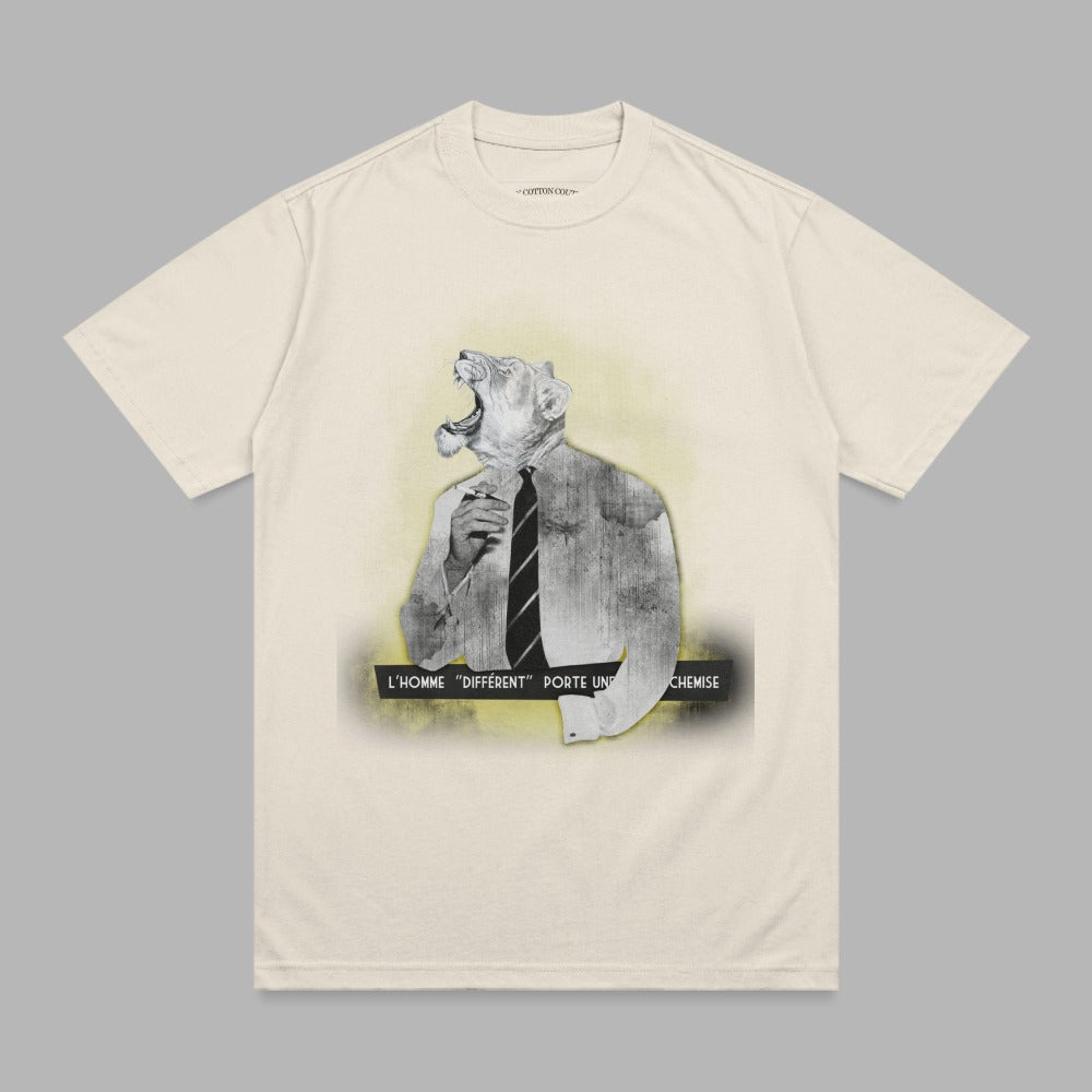 Cream t-shirt with a graphic of a lion wearing a suit and tie, roaring.