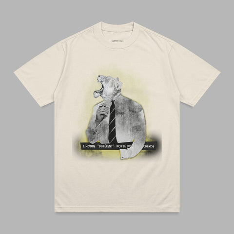 Cream t-shirt with a graphic of a lion wearing a suit and tie, roaring.