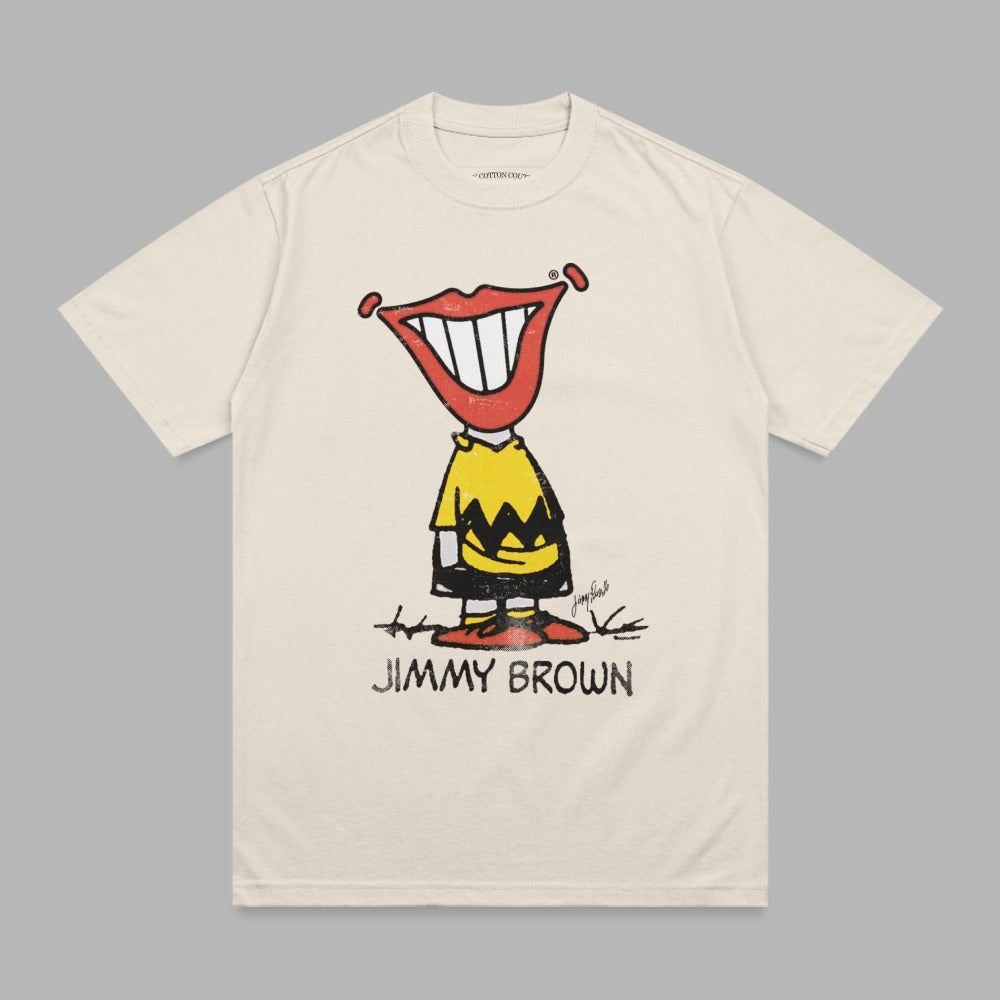 Cream t-shirt with "JIMMY BROWN" text and cartoon mouth graphic.