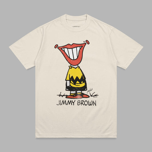 Cream t-shirt with "JIMMY BROWN" text and cartoon mouth graphic.