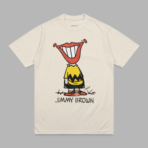Cream t-shirt with "JIMMY BROWN" text and cartoon mouth graphic.