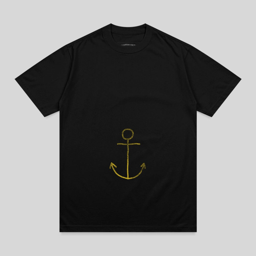 Black t-shirt with a yellow anchor graphic and "COTTON CO." text.