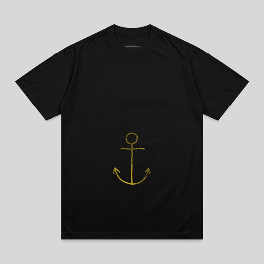 Black t-shirt with a yellow anchor graphic and "COTTON CO." text.