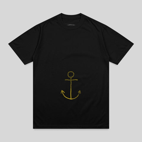Black t-shirt with a yellow anchor graphic and "COTTON CO." text.