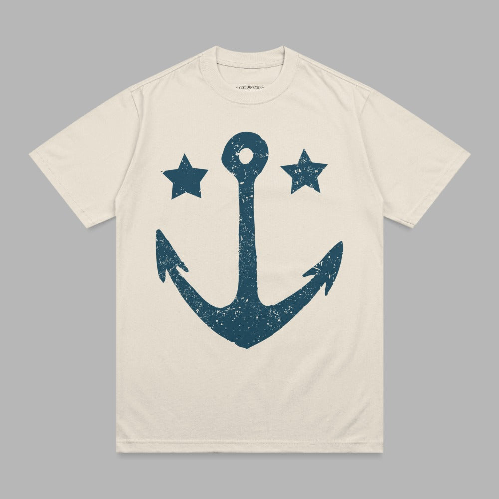 Cream t-shirt with distressed navy anchor and two stars graphic.
