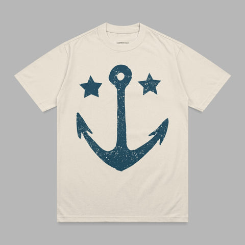 Cream t-shirt with distressed navy anchor and two stars graphic.