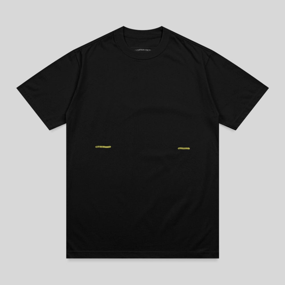 Black t-shirt with two horizontal yellow lines on the chest.