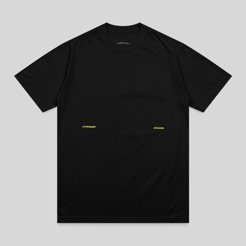 Black t-shirt with two horizontal yellow lines on the chest.