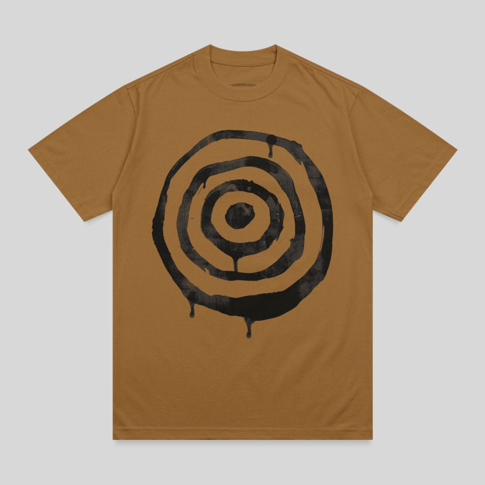 Brown t-shirt with black concentric circles and drips graphic.