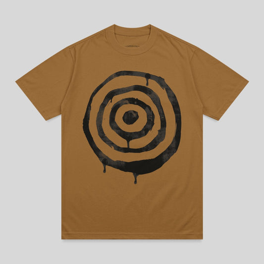 Brown t-shirt with black concentric circles and drips graphic.