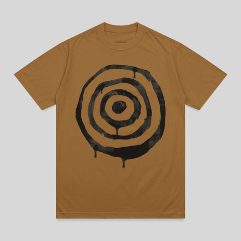 Brown t-shirt with black concentric circles and drips graphic.
