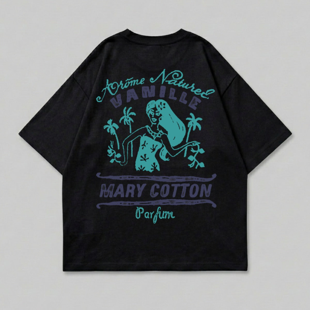 Black t-shirt with graphic of woman, palm trees, and "Arome Naturelle Vanille Mary Cotton Parfum".