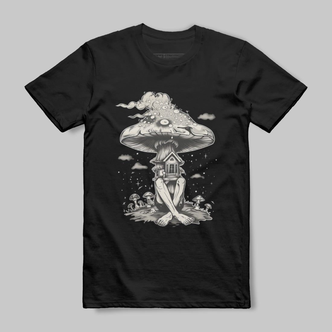 Surreal Mushroom House Graphic Black T-shirt