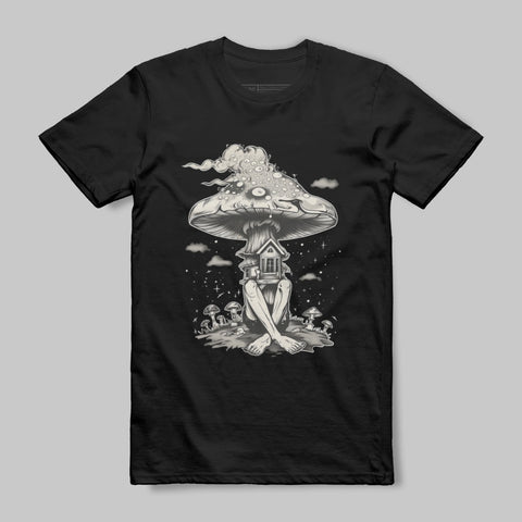 Surreal Mushroom House Graphic Black T-shirt