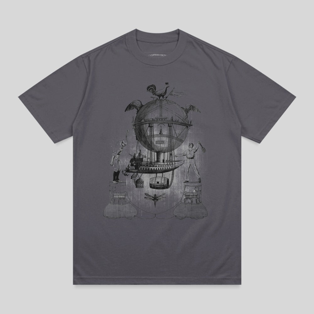 T-shirt with vintage steampunk illustration of a hot air balloon and fantastical creatures.