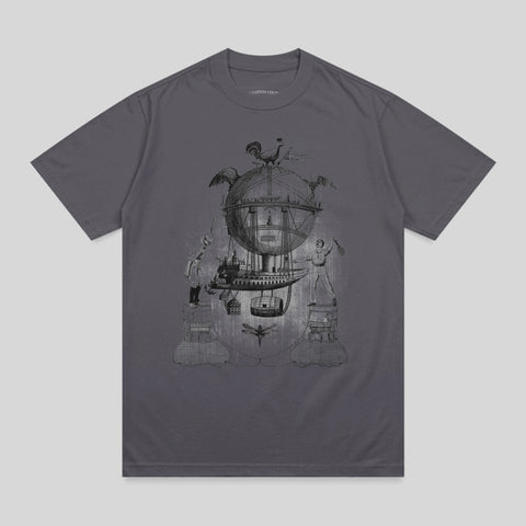 T-shirt with vintage steampunk illustration of a hot air balloon and fantastical creatures.
