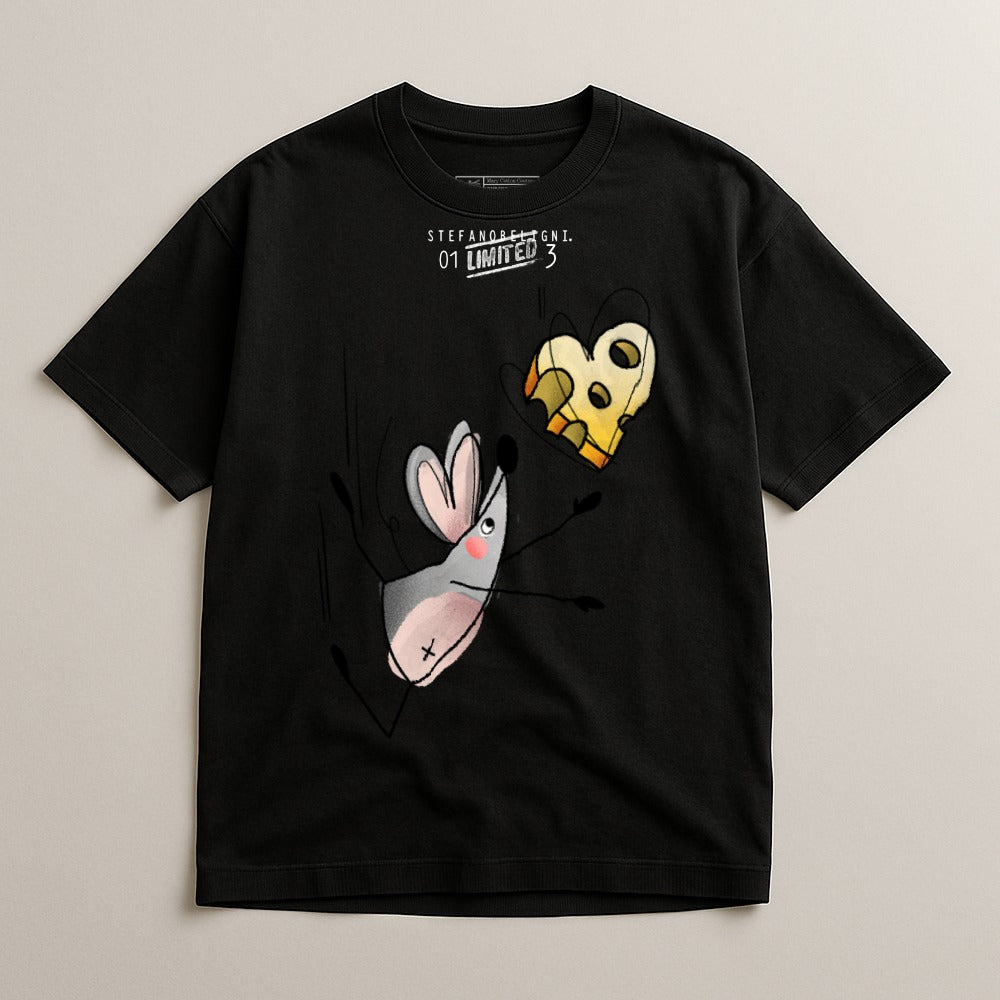 Cartoon Mouse and Cheese Black T-shirt Limited Edition