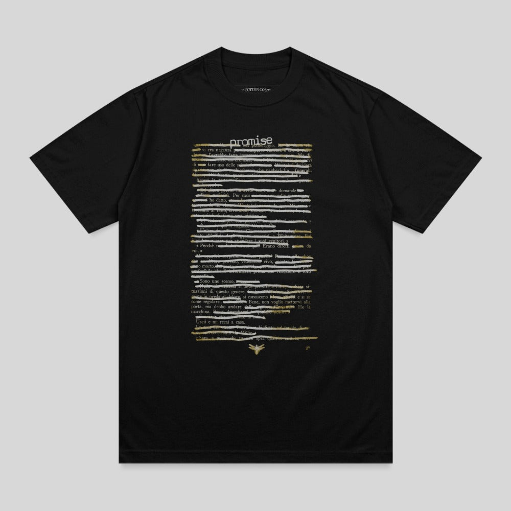 Black t-shirt with "promise" and Italian text printed in white.