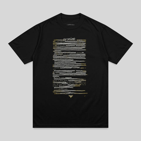 Black t-shirt with "promise" and Italian text printed in white.