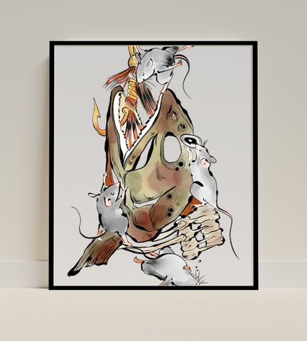 Whimsical Mice and Fish Head Illustration Print