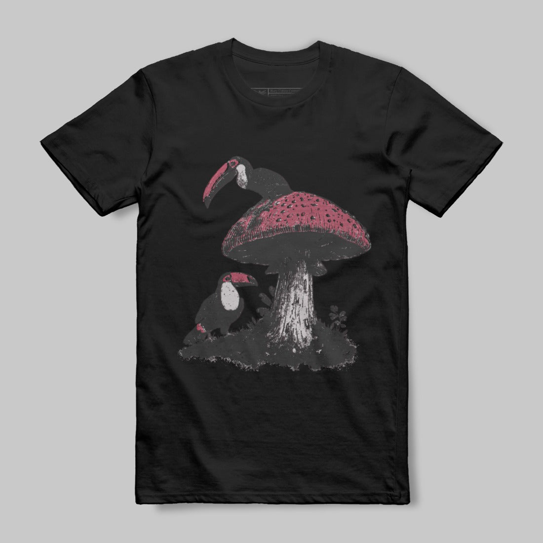 Toucan and Mushroom Art on Black Graphic Tee