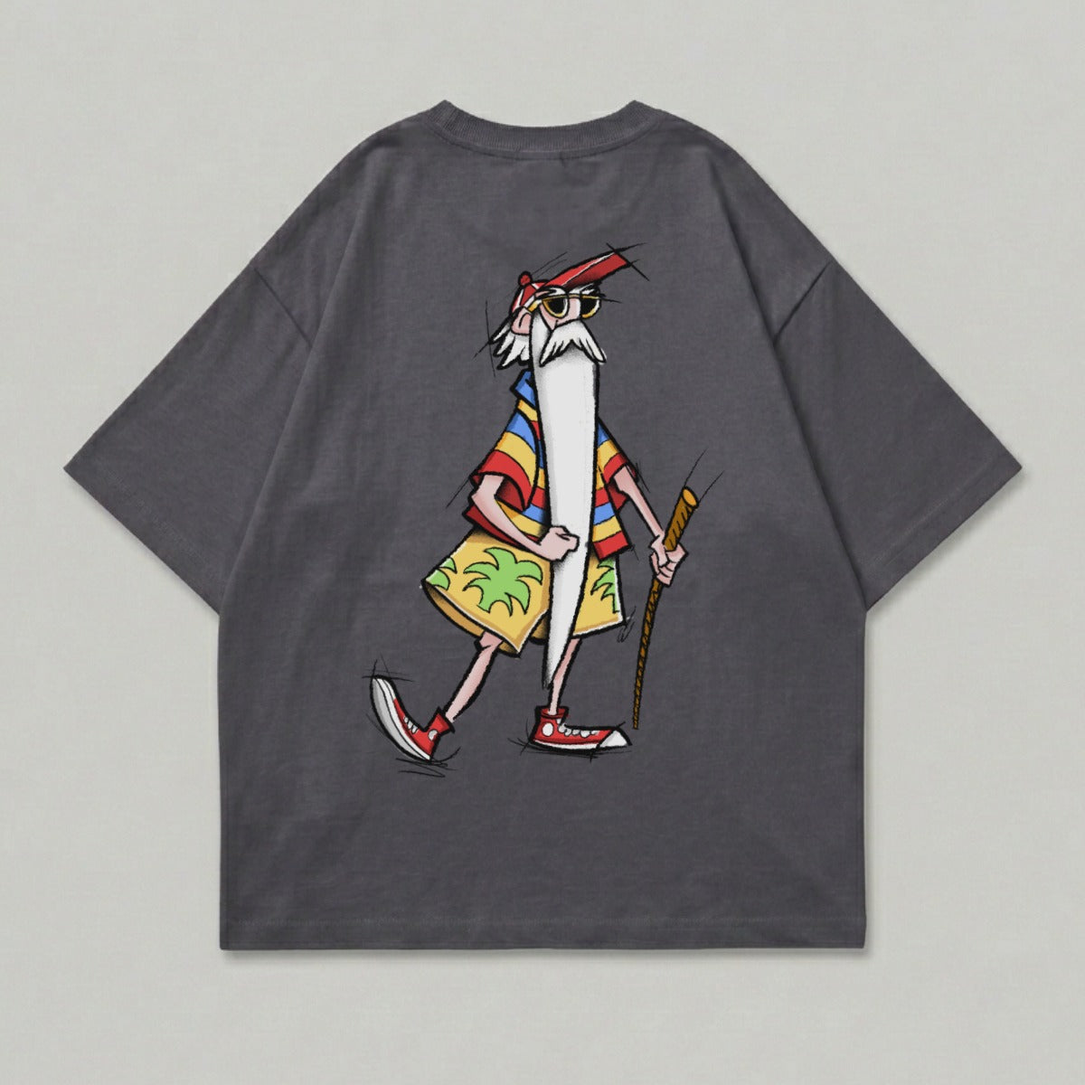 Bearded man colorful striped shirt palm shorts graphic product type