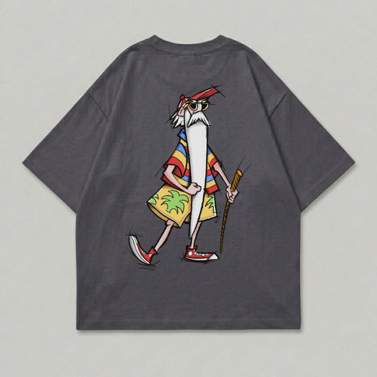 Bearded man colorful striped shirt palm shorts graphic product type