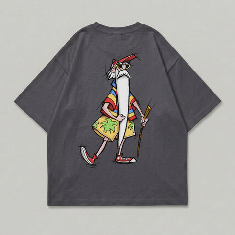 Bearded man colorful striped shirt palm shorts graphic product type