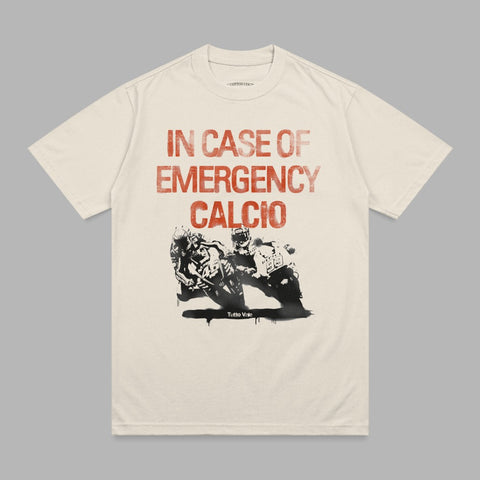 Cream t-shirt with "IN CASE OF EMERGENCY CALCIO" and motorcycle racers graphic.
