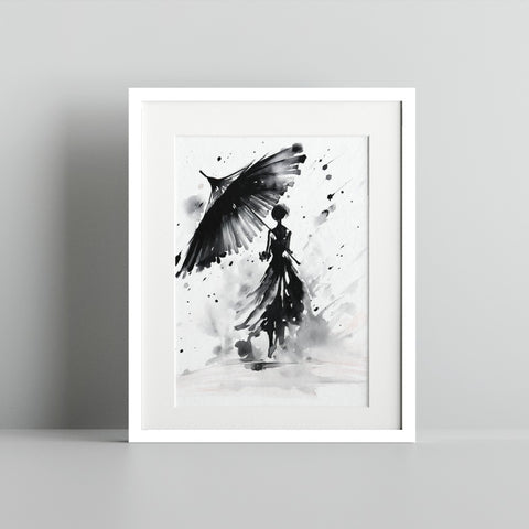 Monochrome Abstract Woman with Umbrella Wall Art