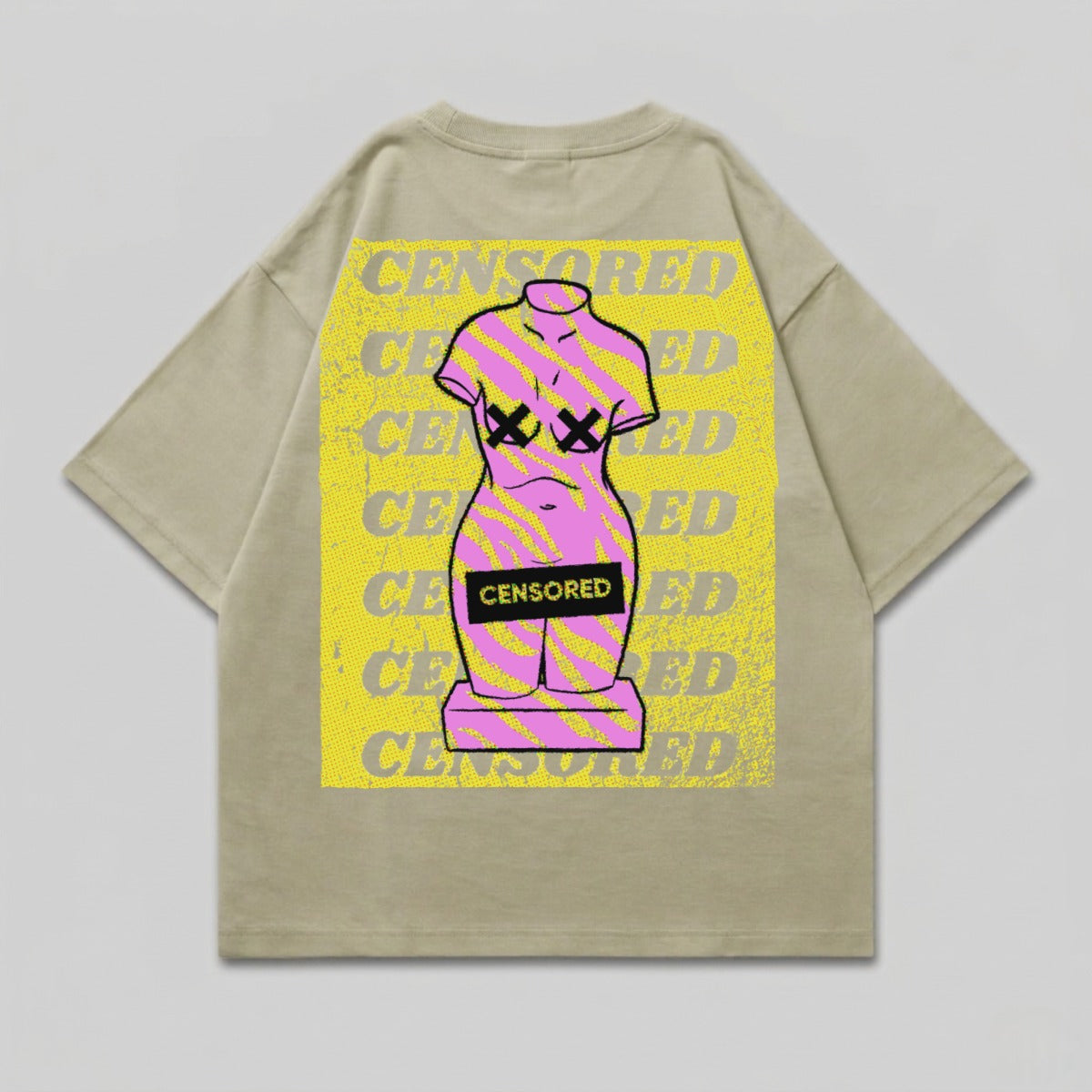 CENSORED Graphic Female Torso Statue Design product type
CENSORED, Torso graphic, Statue art, Abstract design, Pink yellow, Beige top, Streetwear style, Graphic illustration, Modern aesthetic, Pop art inspired, Urban fashion, Bold print, Unique graphic, Censorship theme, Body art, Figure design, Neon colors, Artistic print, Vintage vibe, Statement piece