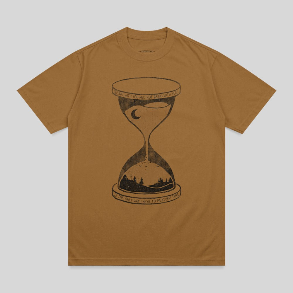 Brown t-shirt with hourglass illustration and text about time and relationships.