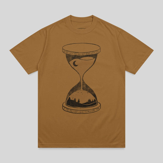 Brown t-shirt with hourglass illustration and text about time and relationships.