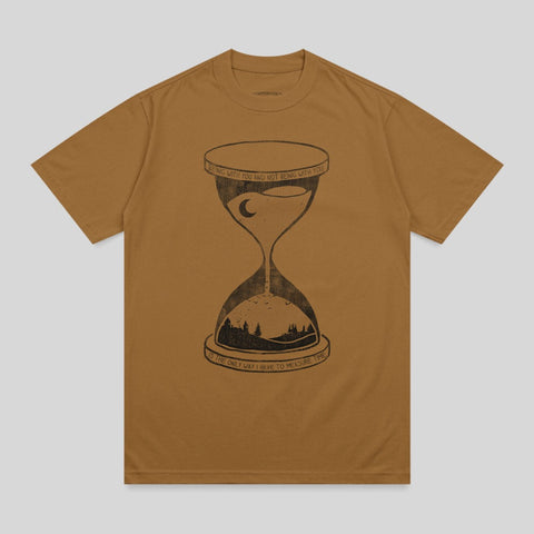 Brown t-shirt with hourglass illustration and text about time and relationships.