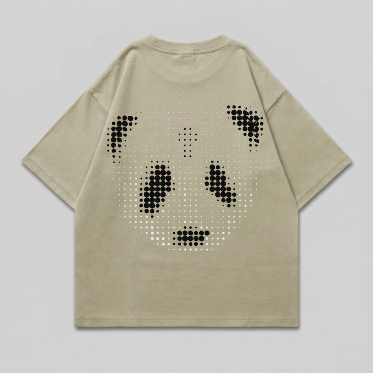 Light tan t-shirt with a pixelated panda face graphic on the back.