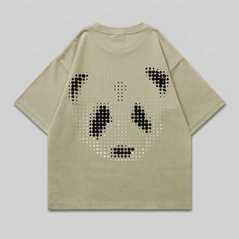 Light tan t-shirt with a pixelated panda face graphic on the back.