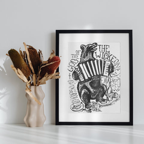 Bear Playing Accordion Art Print Black and White Poster